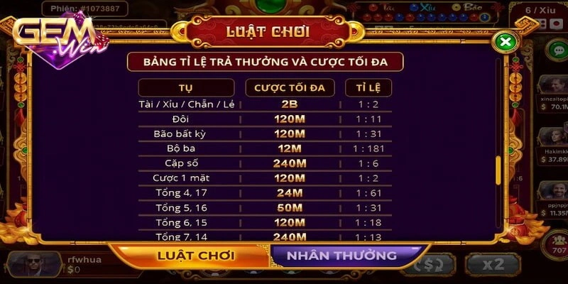 luật chơi Sicbo tài phú MD5 Gemwin